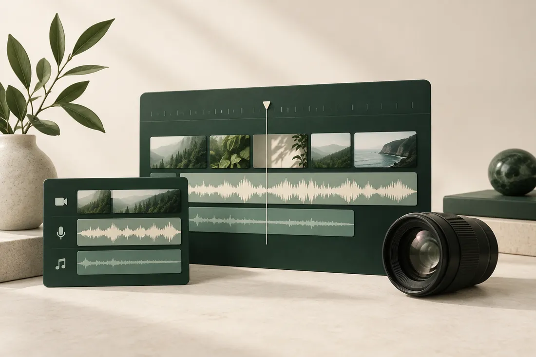 Conceptual video editing timeline and camera lens in forest green and cream