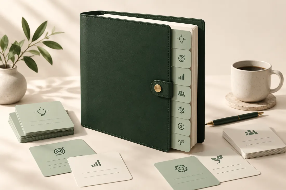 Conceptual planner and workflow cards representing seven digital business workflows
